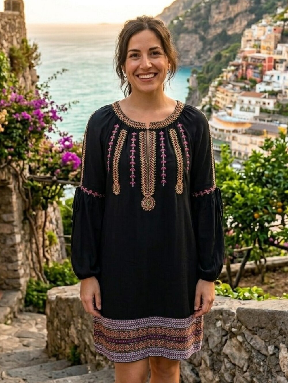 Bebe Elegant black dress with beautiful gold embroidery and long sleeves.Med